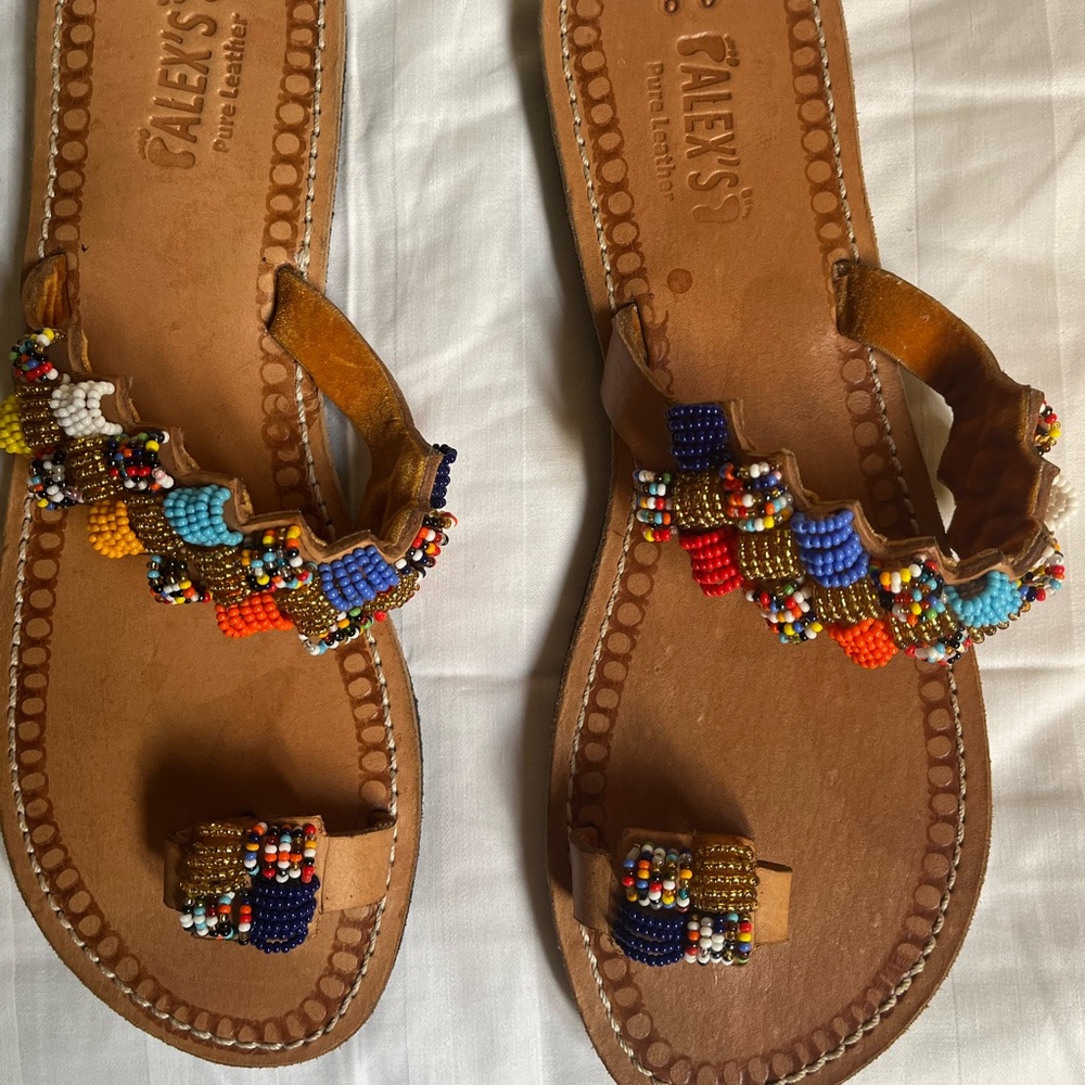 Colorful Beaded Leather Sandals, Multicolored, size 8